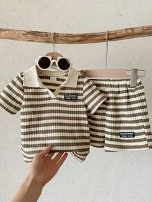 LMoss Kids Baby Boy Striped Print Letter Patched Detail Polo Shirt & Shorts - Multicolor - View 3