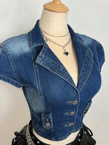 Elamini 女士休闲水洗平领单排扣牛仔夹克，夏季 - 中等水洗藍 - 查看 4