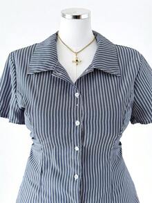 Sunspun 大码女式夏季休闲/办公通勤条纹印花短袖修身衬衫 - 藍色 - 查看 6