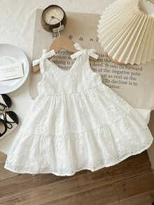 SHEIN Đầm không tay màu trắng thêu hoa nơ dễ thương cho bé gái đi nghỉ mát - trắng - Xem 3