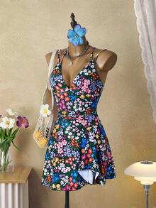 Bellisia 女士碎花可爱可调节肩带小碎花系带连体泳衣 - 彩色 - 查看 6