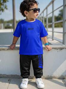 SHEIN Young Boy Casual Simple Letter Print Round Neck Breathable Two-Piece Sportswear