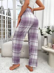 Dream Adore Quần ống đứng dáng rộng kẻ caro trang trí nơ dành cho nữ - Màu tím - Xem 2