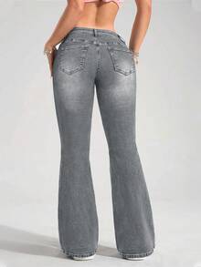 SHEIN PETITE Quần jeans ống loe cạp thấp dáng casual đa năng dành cho nữ - Màu Xám nhạt - Xem 2