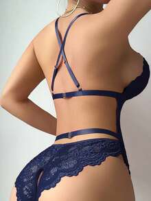 2pcs Lace Sexy Bodysuits (Wireless/Garter Belt) For Women - Royal Blue - View 2