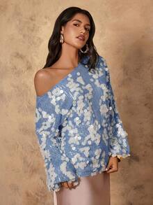 Rafferiza 女士亮片装饰不对称肩部长袖优雅衬衫 - 藍色 - 查看 4