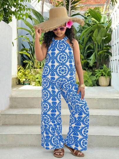 SHEIN ChillGRL Tween Girls' Casual Elegant Vacation Style Basic Halter Shirt Paired With Loose 3/4 Pants Floral 2 Pieces Set, Suitable For Daily Commute, Casual, Vacation, Holiday, Family Gathering, Beach