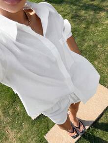 Muchica 女士休闲日常通勤简约纯色落肩宽松长袖衬衫短裤套装，春夏秋季 - 白色 - 查看 6