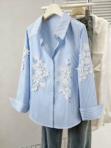 GlowEve Women's Striped Ruffle Trim Long Sleeve Casual Shirt - Blue - View 3