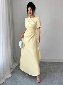 Elenzga Đầm Maxi Tay Ngắn Dáng Chữ A Cổ Tròn Xếp Ly Eo Cho Nữ, Phong Cách Đường Phố Retro Pháp Thanh Lịch, Tối Giản, Phù Hợp Mặc Thường Ngày, Trang Trọng, Công Sở, Kỳ Nghỉ, Xuân/Hè - Màu vàng ngỗng - Xem 4