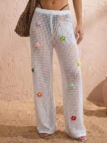 Swim Vcay Women's Colorful 3D Floral Hollow Out Knitted Beach Cover Up Pants - White - View 1