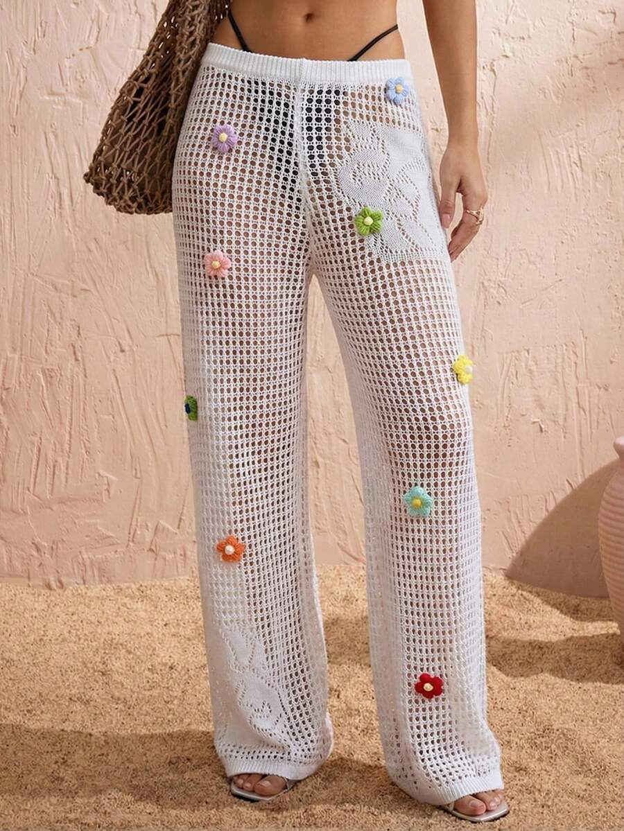 Swim Vcay Women's Colorful 3D Floral Hollow Out Knitted Beach Cover Up Pants - White - View 1