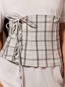 Athîral 2pcs Women's Casual White Polo Dress Set With Corset Belt, Beige Plaid Waist Cincher, Short Sleeve White Dress, Multi-Way Wear,White Dresses,Casual Women's Dresses,Vacation Outfits Women,Holiday Dress,Vacation Outfits For Women,Spring Outfit Women,Spring Break Outfits,Summer Dresses,Valentine's Day Dress,Carnival Outfit - Multicolor - View 6