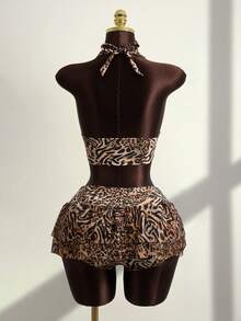 Zestiva 3pcs/Set Leopard Print Halter Top + Triangle Bikini Bottoms + Ruched Drawstring Waist Floral Hem Skirt, Beach Vacation Casual Swimwear - Multicolor - View 2