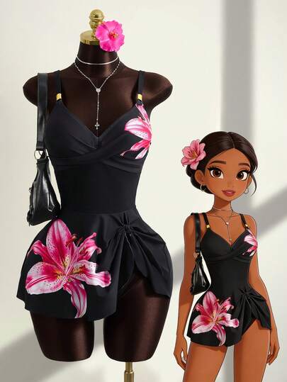 Zestiva 2pcs/Set Summer Hot Selling Beach Vacation Adjustable Strap Metal Decor Floral Print Swimsuit Top And Bottoms