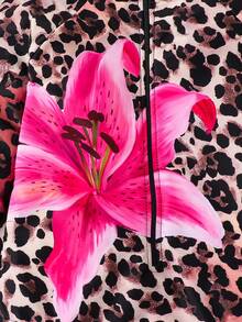 SHEIN Plus Size Girls' Long Sleeve Leopard & Floral Print One-Piece Swimsuit, Casual Vacation