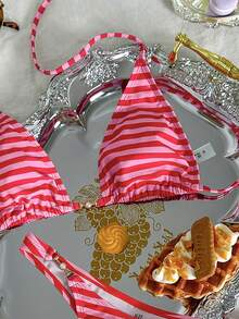 Swim Mod Damen Tropical Muster 2-teiliges Bikini-Set mit Metall-Dekor, lässiger Urlaubsstil - Pink - Übersicht 4