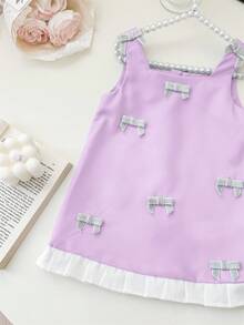 Cute & Elegant Baby Girl Summer Dress,White Colorblock Bow Tie Decor Purple Lavender Lilac Birthday Dress,Spaghetti Strap Birthday Outfit For Baby - Purple - View 8