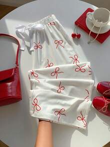 Comfortcana 女士休闲裤，蝴蝶结印花和蝴蝶结装饰，夏季女装 - 白色 - 查看 4