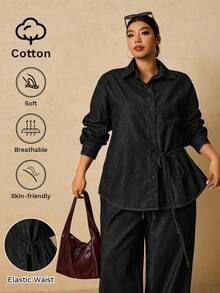 SHEIN Tall CURVE 大码女式长袖单排扣系带衬衫搭配阔腿牛仔裤休闲两件套，适合冬季、圣诞节、新年、感恩节、通勤、度假、毕业典礼等场合，兼具时尚感和Y2K风格，可爱街头风，适合派对、婚礼、商务休闲等各种场合。舒适的牛仔两件套，休闲长袖上衣搭配抽绳腰带阔腿牛仔裤，适合节日聚会等日常穿着。 - 黑色 - 查看 2