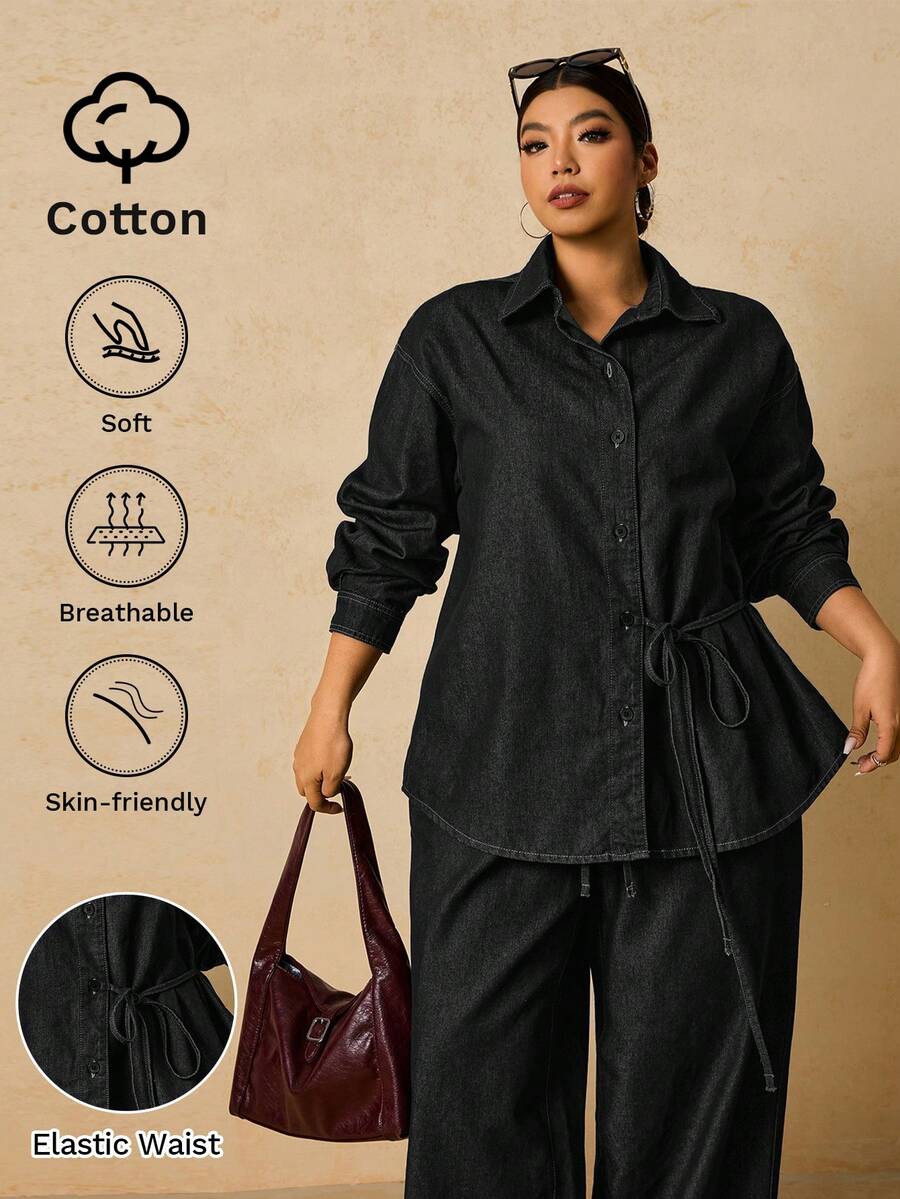 SHEIN Tall CURVE 大码女式长袖单排扣系带衬衫搭配阔腿牛仔裤休闲两件套，适合冬季、圣诞节、新年、感恩节、通勤、度假、毕业典礼等场合，兼具时尚感和Y2K风格，可爱街头风，适合派对、婚礼、商务休闲等各种场合。舒适的牛仔两件套，休闲长袖上衣搭配抽绳腰带阔腿牛仔裤，适合节日聚会等日常穿着。