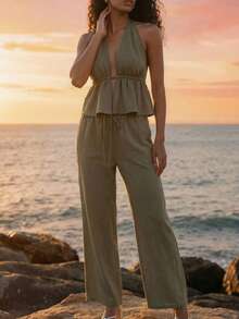CAJUNI Women's Summer Vacation Halter Backless Army Green Top And Pants Set - Green - View 1
