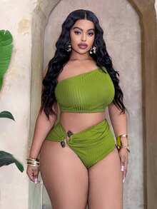 Slaydiva Plus Size Women's 2-Piece Set, 2026 New Arrival, Hot Selling, Solid Color Black Thick Ribbed Knit Jacquard Fabric, Fashion Resort Daily Casual, Asymmetric Neckline, Sexy High Waist Triangle Bottoms, Tummy Slimming Ruched Separate Bikini Set Set - Green - View 4
