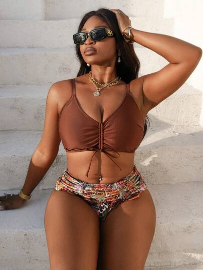 Slaydiva 大码女士夏季沙滩抽绳设计性感比基尼泳衣套装