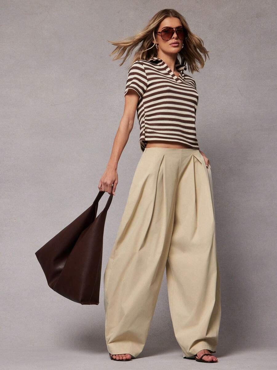 Hauture 女士休闲直筒宽松纯色裤 - 卡其色 - 查看 1