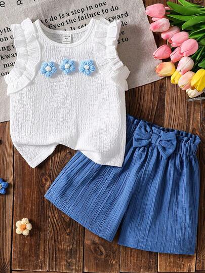 SHEIN Elladie kids Young Girl (Small) Knitted Jacquard Ivory Ruffle Trim Camisole Top & Pink Ruffle Trim Shorts Set, Cute & Adorable Baby Summer Outfit Light Blue Skirt Set For Girls Blue And White Outfit Little Girls 2pcs Set Toddler Girls Cute Vintage Style Toddler Girl Clothes Summer Sets Little Girls Blue And White Outfit Summer Two Piece Set For Kids Childrens Two-Piece Set Childrens Clothes Set Cute Vintage Style Kids Shorts Set