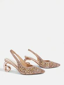 CUCCOO TILAWA Women's Rhinestone Pointed Toe High Heel Shoes, Elegant Luxury Ankle Strap Thin Heel Sandals, Suitable For Dates And Commuting Valentine's Day - Champagne - View 3