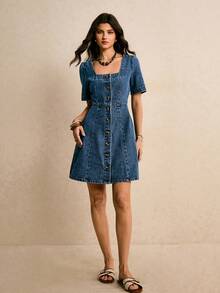 Poéselle 女士优雅法式泡泡袖收腰A字迷你连衣裙 - 中等水洗藍 - 查看 3