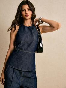 Poéselle 女士纯色露背休闲吊带牛仔上衣 女士背心 女士上衣和衬衫 女士职业装 女士夏季连体裤 女士牛仔裤 女士休闲装 女士度假套装 女士服装套装 - 深色水洗藍 - 查看 7