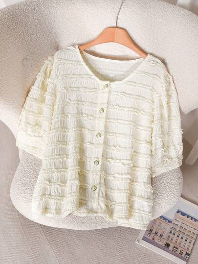 CosyJoli Plus Size Women's Round Neck Open Front Textured Striped Short Sleeve T-Shirt, Black & White Striped Fabric, Comfortable & Fashionable Casual