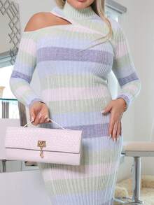 Cioccolato Elegant Ombre Off-Shoulder Midi Bodycon Dress, Autumn/Winter Fall Cloth For Women - Multicolor - View 3