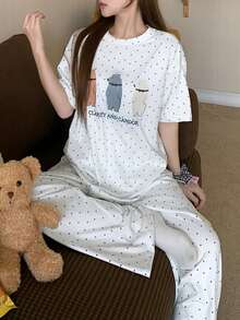 DAZY 两件套女士小熊印花波点宽松短袖睡衣套装 - 白色 - 查看 6
