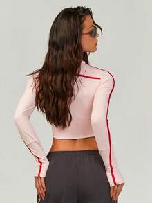 Athîral Women's Casual Sports Pink & Red Mandarin Collar Long Sleeve Cropped Top - Pink - View 5