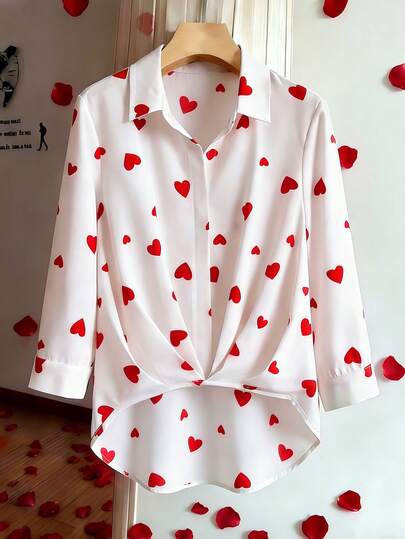 Écloséra New Asymmetrical Heart Graphic Long Sleeve Blouse For Women, Spring/Autumn