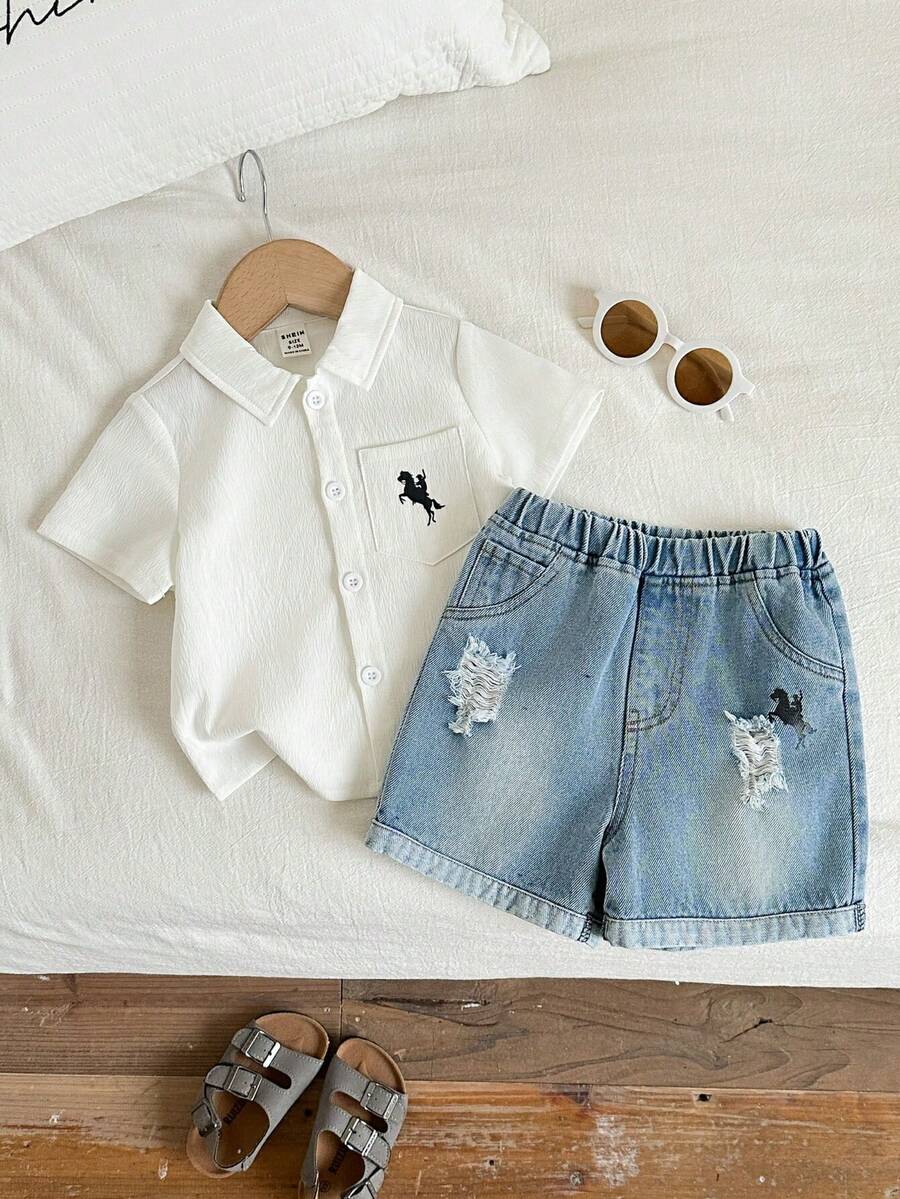 SHEIN 2pcs Baby Boy Casual Fashion Collegiate Short Sleeve Shirt And Distressed Denim Shorts Set,Blue And White Striped,Summer,City Break Toddler Outfit - Blue - View 1
