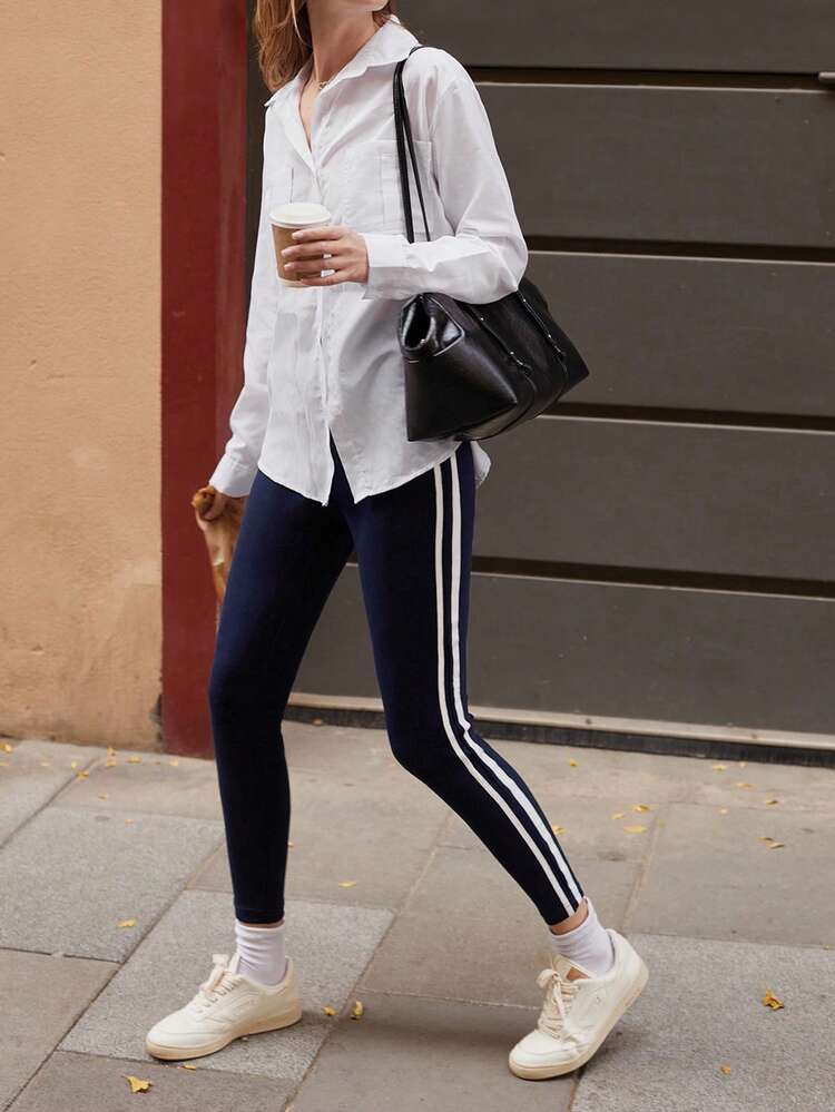 SHEIN Maija Women's Contrast Color Skinny Fit Leggings With Side Stripe, Versatile & Stylish, Suitable For All Seasons Hippie