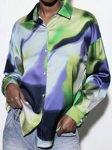 Maija 女士时尚百搭扎染印花缎面单排扣翻领长袖衬衫，春季 - 彩色 - 查看 2