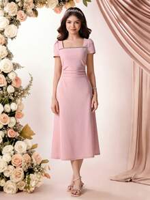 Pitira 儿童夏季长裙套装，柔软舒适，适合少女派对穿着，白色，方领，褶皱设计，收腰，魅力连衣裙，优雅大方，适合派对、婚礼季、节日、情人节、花童/伴娘礼服。方领连衣裙，粉色中长连衣裙，淡粉色少女连衣裙，短袖连衣裙，优雅女士连衣裙，淡粉色连衣裙，粉色正式连衣裙，粉色中长连衣裙，粉色短袖连衣裙，舞会礼服，粉色伴娘礼服，粉色女士连衣裙。 - 粉色 - 查看 5