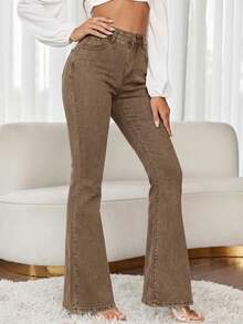 SHEIN LUNE Women's Solid Color High-Rise Raw Hem Flare Jeans - Coffee Brown - View 6