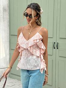 Serisse Women's Elegant Dusty Pink Summer Textured Ruffle Strap Camisole Top,French Lace V-Neck Asymmetric Top,Casual Y2K Dining Beach Party Top - Dusty Pink - View 5