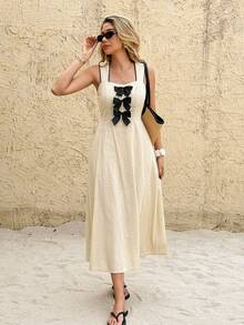 SHEIN Frenchy 女士夏季度假撞色滚边蝴蝶结装饰中长连衣裙 - 杏色 - 查看 4