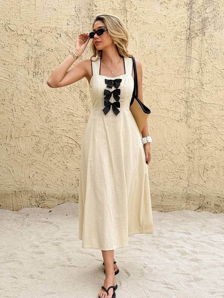 SHEIN Frenchy Abito di media lunghezza da donna per vacanze estive con bordi a contrasto e decorazione con fiocco - Albicocca - Visualizzare 4
