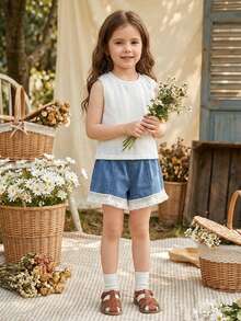 Vintaside Kids 少女夏季休闲度假纹理面料吊带背心和流苏边牛仔短裤套装 - 白色 - 查看 8