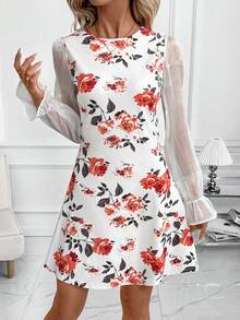 SHEIN Clasi 女士优雅印花圆领长袖短款连衣裙，秋季 - 白色 - 查看 5