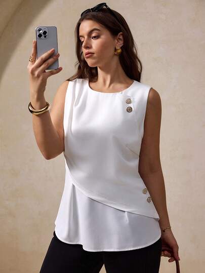 Elegantrix Plus Size Women's Spring/Summer 1pc Asymmetric Shoulder Pleated Metal Buckle Decor Waist Fitted A-Line Elegant Sleeveless Blouse