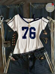 1件少女数字印花休闲T恤，直筒版型，非抓绒面料，适合上学、通勤和周末休闲穿着 - 彩色 - 查看 2